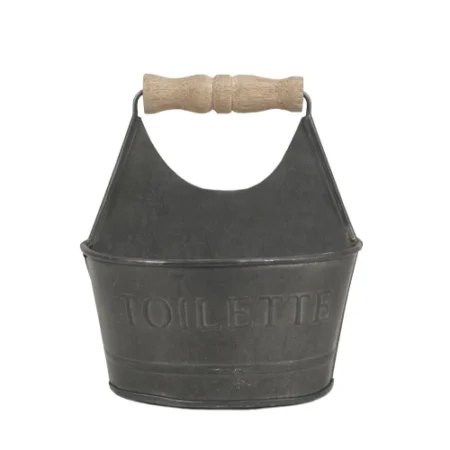 CTW Home Collection Small Gray Colonial Tin Works Toiletries Bathroom Caddy 450156 Metal with Wooden Handle and Toilette on Front Rustic Farmhouse