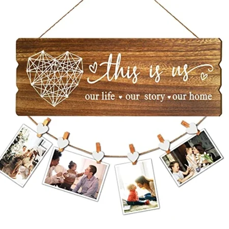 Buecasa Housewarming Gifts New Home Sign Decor – Rustic Wall Hanging Picture Frame with 6 Heart Clips -This Is Us Wall Decor 15.8×6.0 Inches