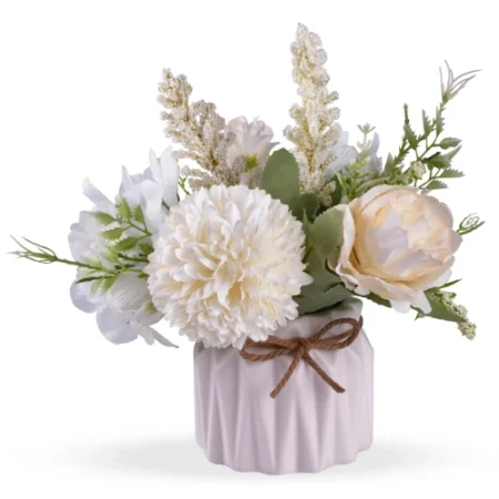 Artificial Potted Flowers White, Small Ceramic Vase Fake Flower Plants Desktop Decoration Indoor for Home and Office, Faux Flowers Hydrangea Decora for Table,Bookshelf,Bedroom,Living Room.(White)