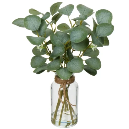 Briful Artificial Eucalyptus Stems in Glass Vase with Faux Water, 14″ Fake Plant Eucalyptus Leaves for Home Office Farmhouse Wedding Centerpiece Décor